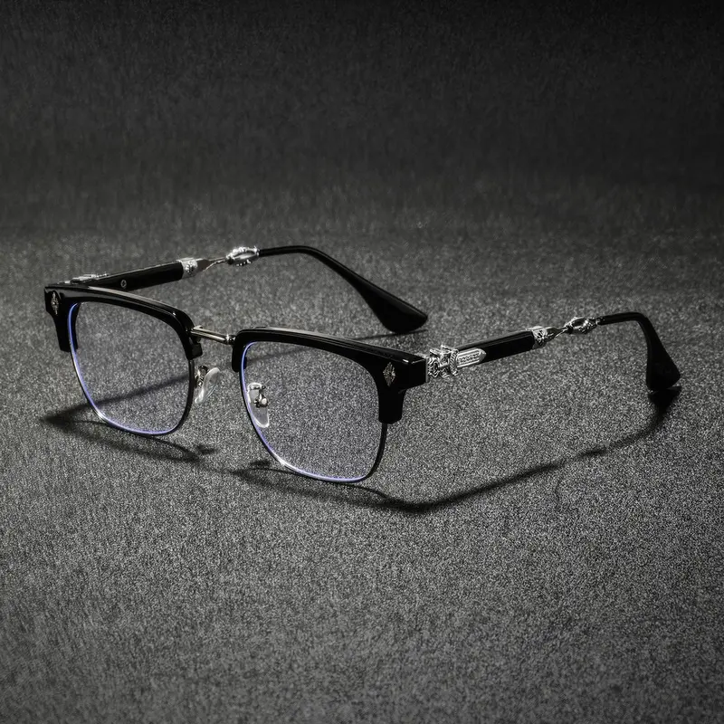 Men's New Metal Half Frame Glasses, High-End Luxury Classic Retro Texture Engraved Stylish Eyewear, Business Casual Fashion Plain Light Trendy Vintage Eyeglasses, Fashionable Frames Glasses