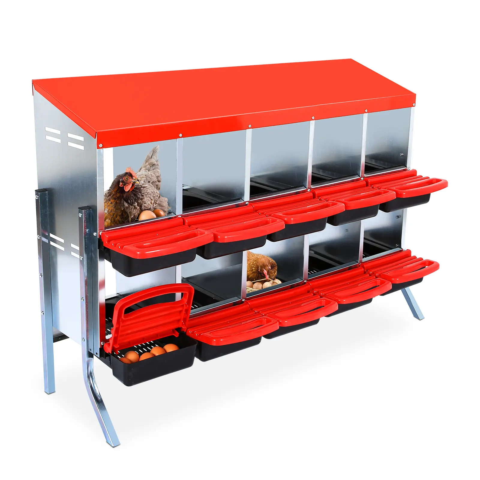 【Garvee】Chicken Nesting Box – 8 Compartments – 2-Tier Chicken Laying Boxes for Hens, 8 Room Metal Nesting Boxes, Roll Away Nest Box with Lid Cover to Protect Eggs – 8 Hole – Red