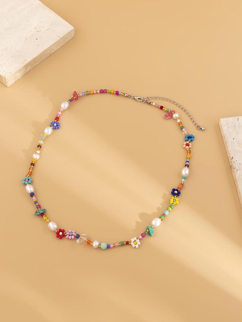 Floral & Faux Pearl Handmade Beaded Necklace