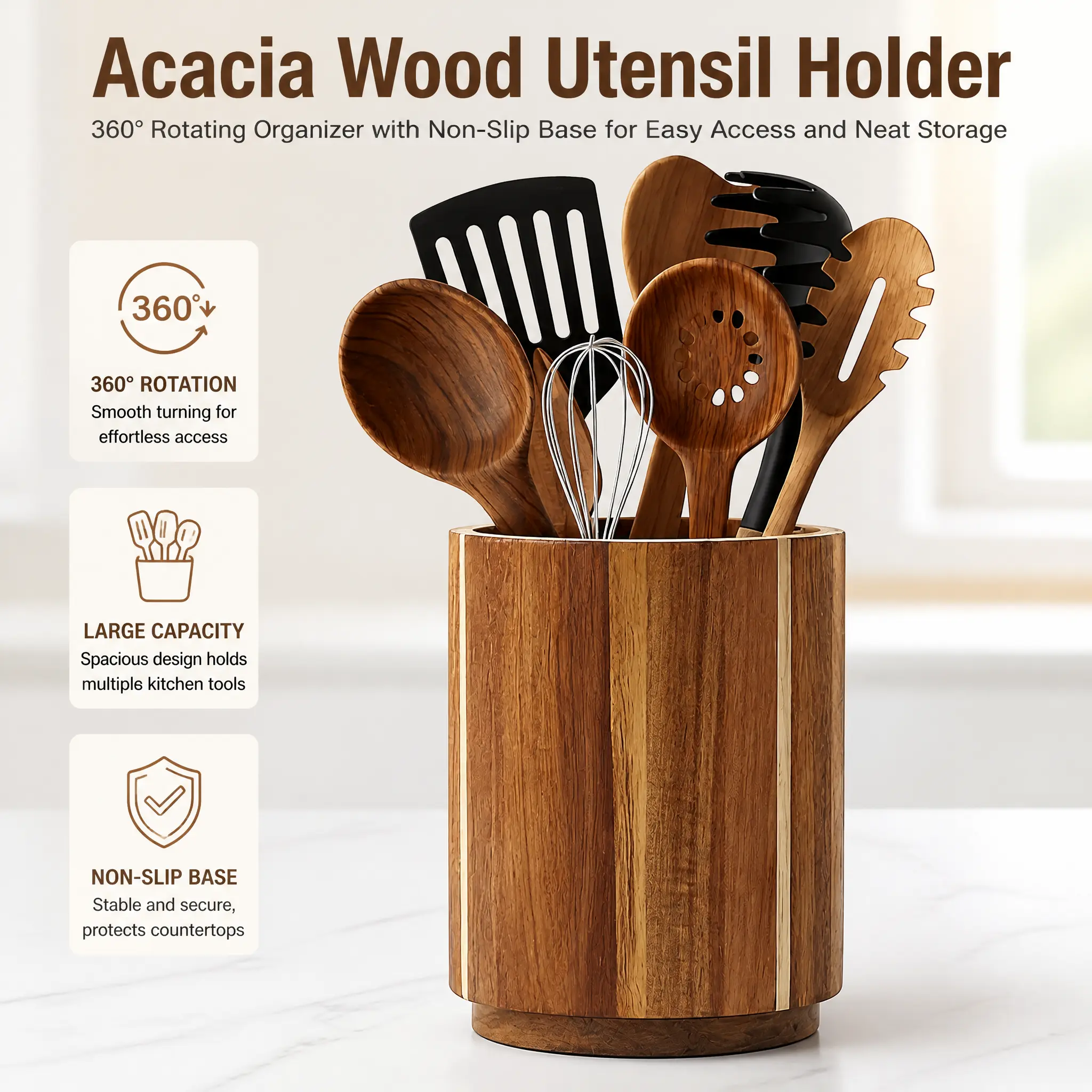 Littleox Acacia Wood Utensil Holder 360 Rotating Countertop Organizer Large Kitchen Utensil Crock for Spoon Spatula cooking tools next to stove