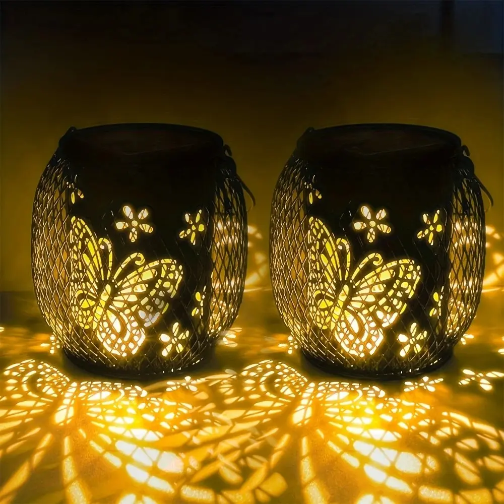 1pc Solar-Powered Butterfly LED Lantern, Cast Iron Material, Outdoor Hanging Light with Intricate Butterfly Design, 600mAh Solar Panel for Patio, Lawn, Garden, Pathway & Tabletop Holiday Christmas Decoration