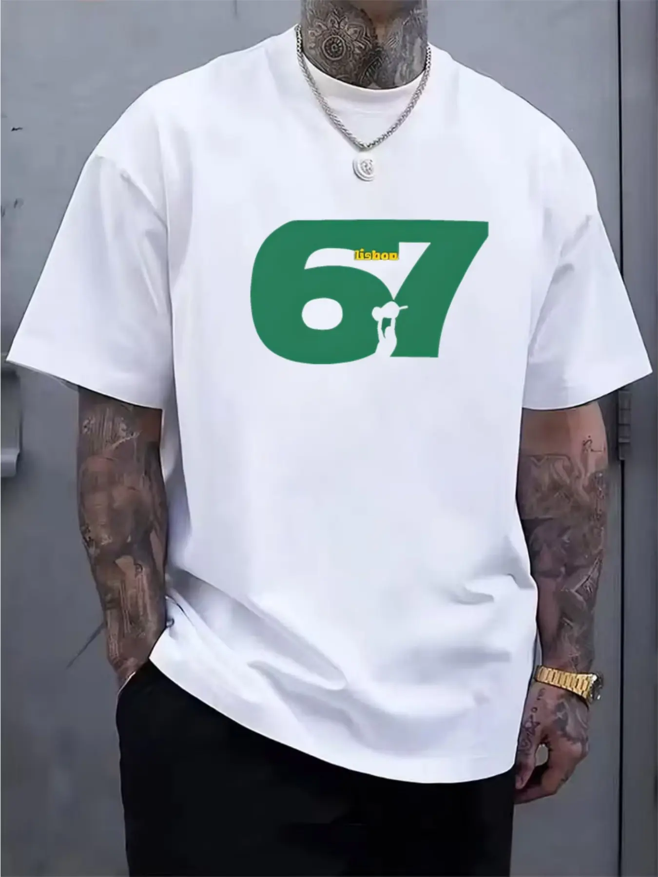 Large Number 67 Lisbon Trophy Silhouette Print Short Sleeve Unisex Casual Crop T-Shirt, Loose Fit Round Neck Top
