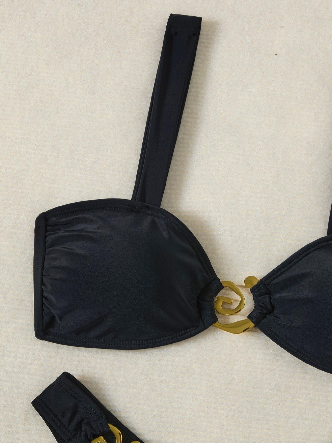 Two-piece Set Women's Solid Color Irregular-Shaped Metal Decor Bikini Set, High Stretch Casual Fashion Chic Tie Back Backless Swim Top & High Cut Swim Bottom for Beach Holiday Vacation, Ladies Swimwear for All Seasons, Tie Back Bikinis