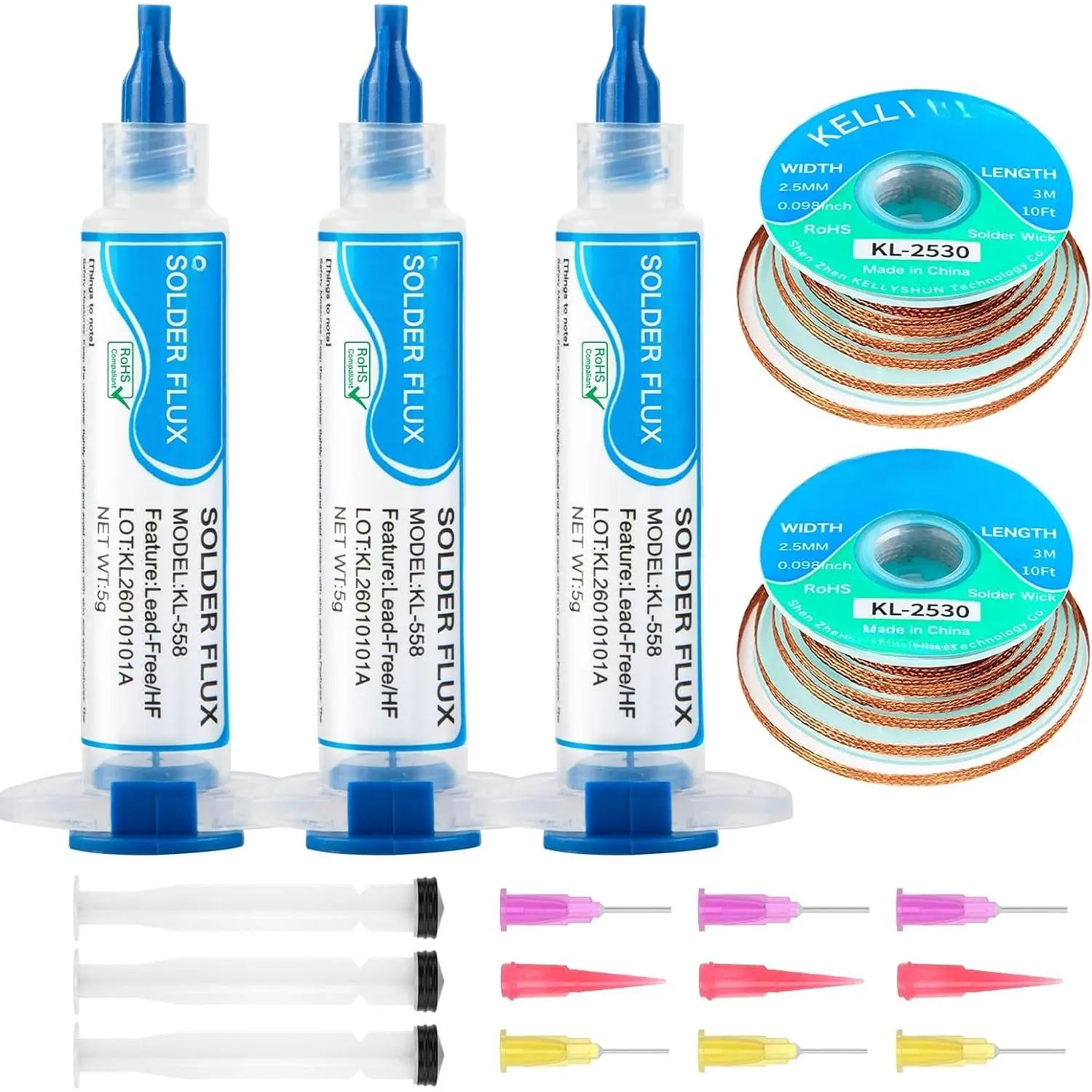 Solder Wick And Solder Flux Paste, No Clean Soldering Flux (3 ) Desoldering Wick Braid (2 ) For Electronics Repair For Disassemble Electrical Components (5 Pack Kit)