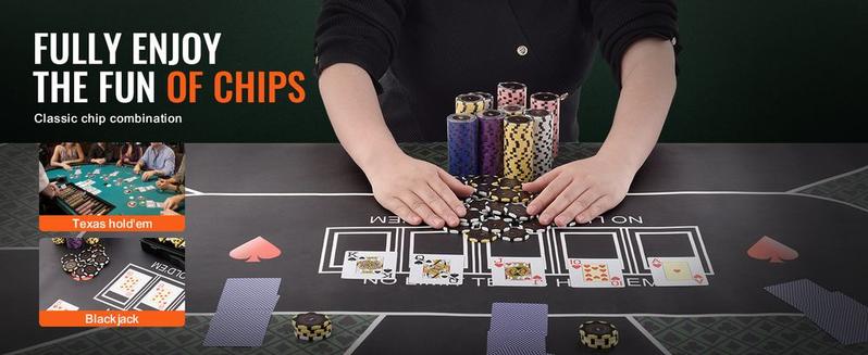 VEVOR Poker Chip Set, 300-Piece Poker Set, Complete Poker Playing Game Set with Carrying Case, Heavyweight 14 Gram Casino Clay Chips, Cards, Buttons and Dices, for Texas Hold'em, Blackjack, Gambling