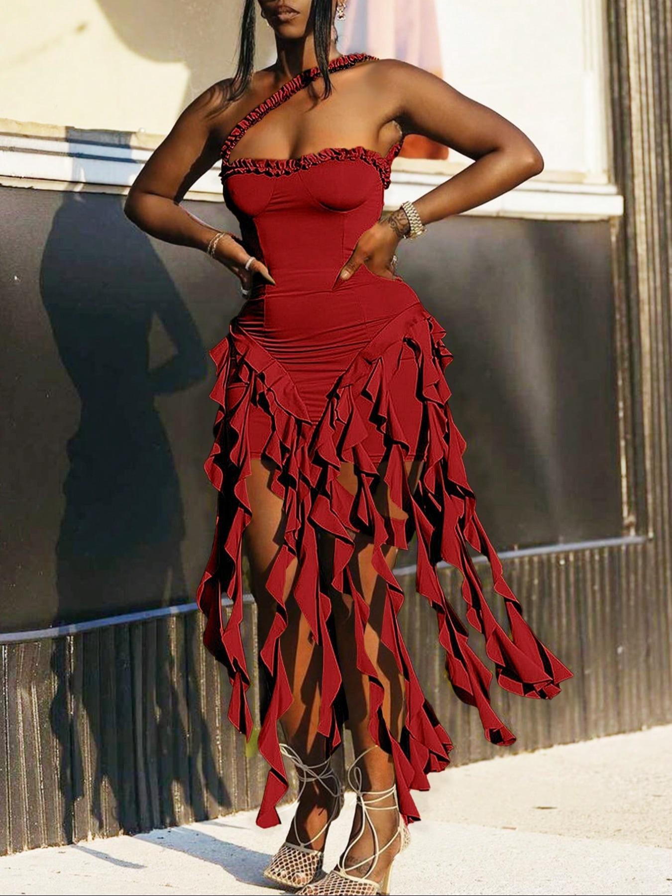 Women's Solid Color Ruffle Trim Frilled Dress, Fashion Casual Fabric Sleeveless Dress for Daily Outdoor Wear, Ladies Clothes for All Seasons, Embellished Dress