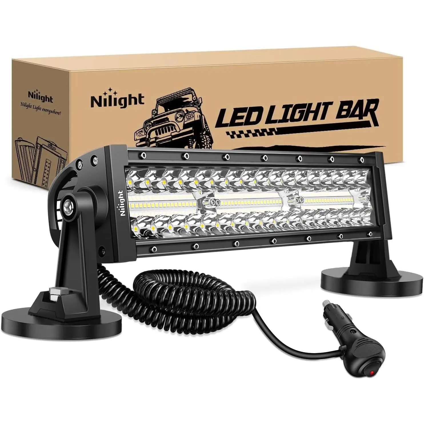 Nilight 13.5In 96LED 288W Power Triple Row Heavy Duty Aluminum Auxiliary Light Bar, Bright Offroad Spot-Flood Combo, Strong Magnetic Base, Plug-and-Play Wiring, 9-30V DC, -40~85°F, for Truck, Boat, Tractor, Car Lighting Accessories, Emergency