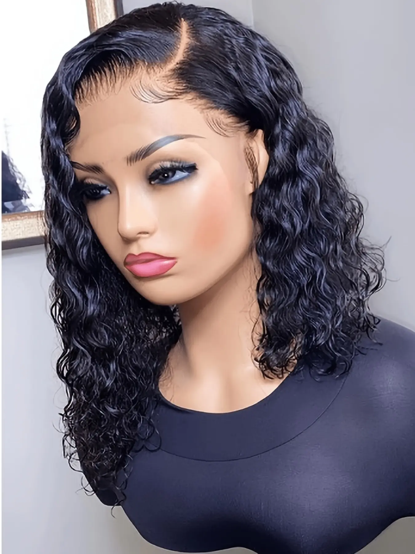 Soft Natural Black Long 16-Inch Short Bob 180 Density Kinky Curly Deep 13x4 Front Lace Wig, Glueless Pre-Plucked Heat Resistant Synthetic Daily Wear Wig Synthetic Lace Wigs