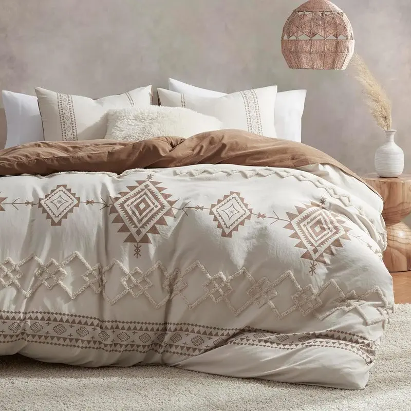 3-Piece Queen Duvet Cover Set, Bohemian Geometric Print Bedding, Soft Beige Terracotta Microfiber, Zippered Closure, Bedroom Decor, Bohemian Look