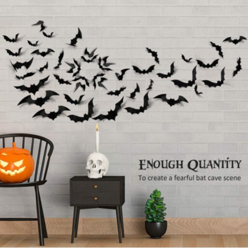 Bat Shaped Wall Sticker, 60pcs/set 3D Bat Wall Decal, Halloween Wall Art Decoration for Home Living Room Bedroom Hotel School