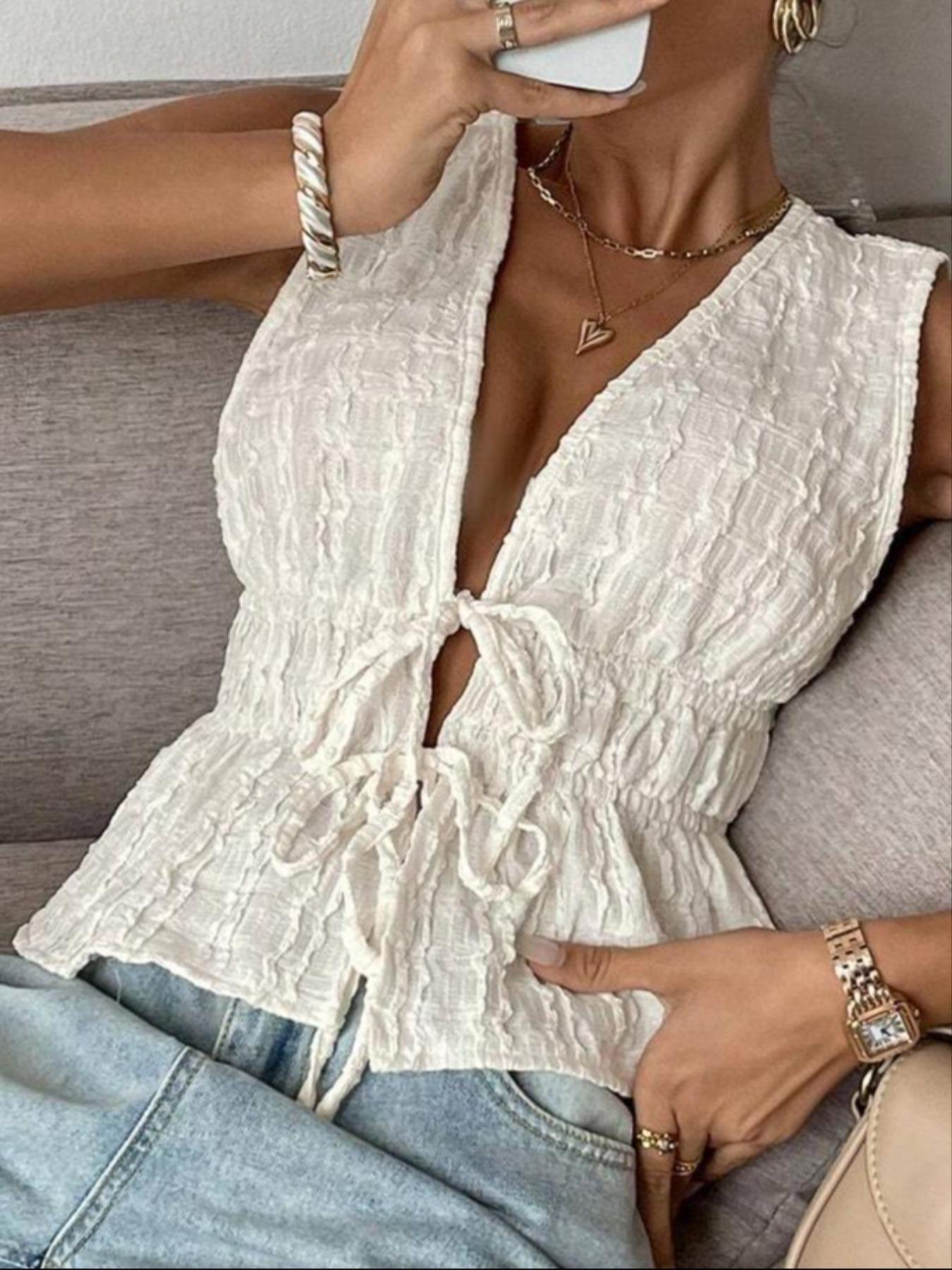 Women's Plain Tie Front Fitted Tank Top, Casual Deep V Neck Sleeveless Top for Summer, Women's Clothing for Daily Wear