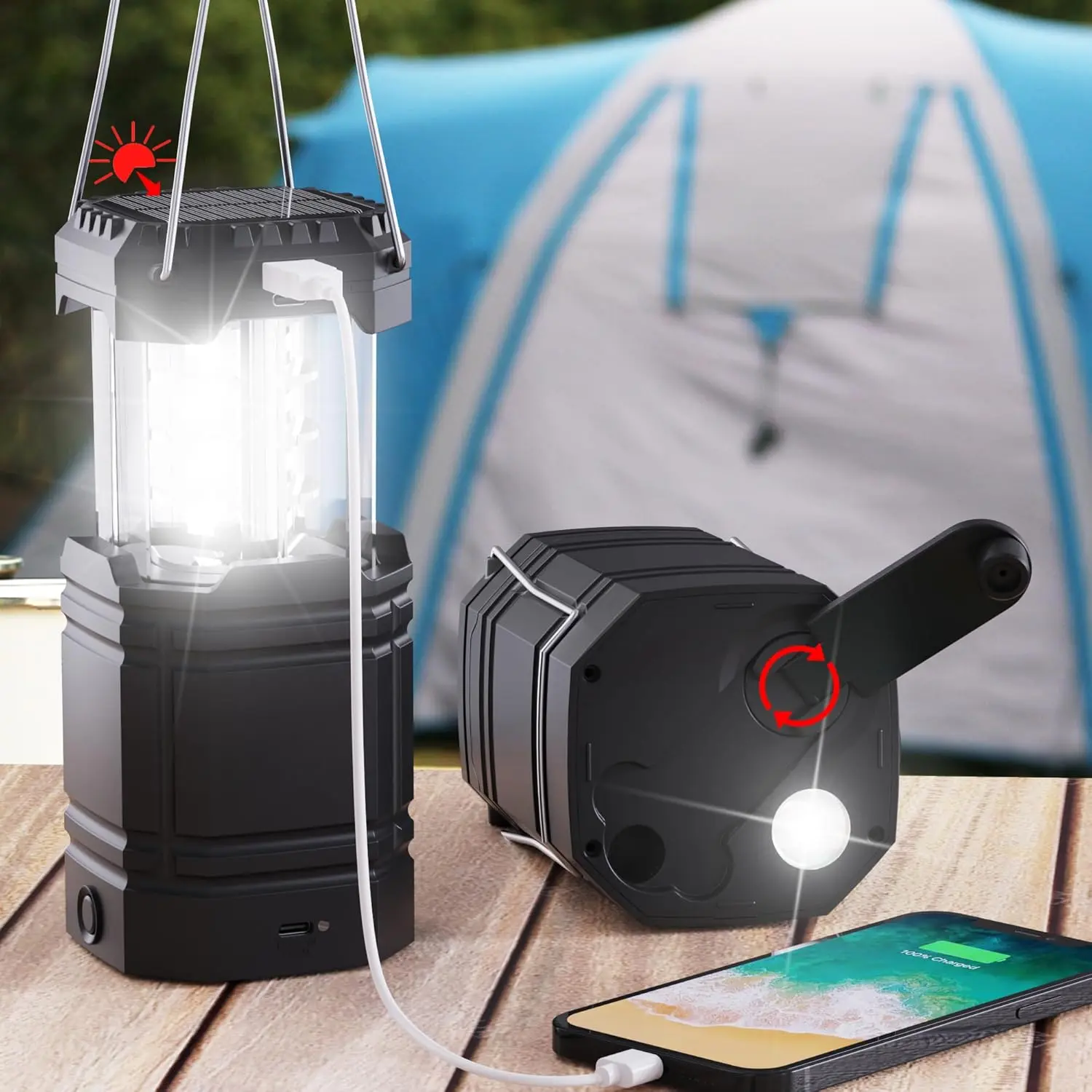 Portable Size Solar Power Hand Crank Camping Lantern - 3000mAh Large Capacity, Ultra Bright LED Torch, 23-26H Running Time, USB Charger, Outdoor Camping New Model (for Baby & Maternity Use)
