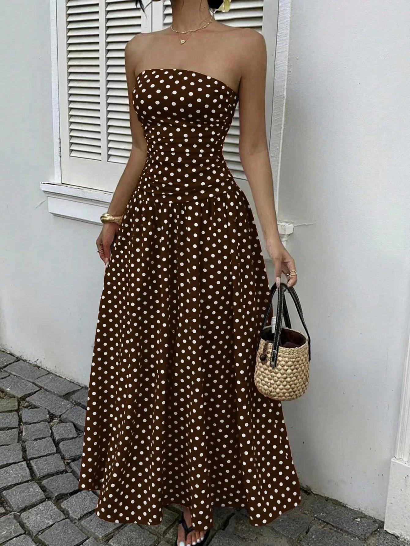 Women's Elegant Fashion Polka Dot PrintHalter Dress, Stylish Chic Sleeveless MaxiDress for Parties and Casual Wear, SummerFashion