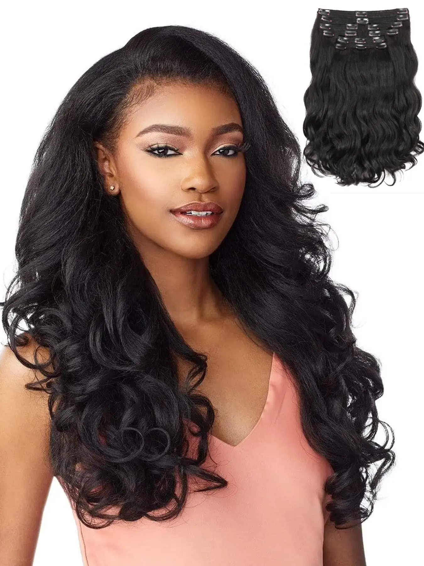 8 Pieces Kinky Wave Clip in Hair Extensions, Natural Body Wave, Synthetic Fiber Hairpieces, Synthetic Yaki Wavy Clip for Women, Medium Length, All Seasons
