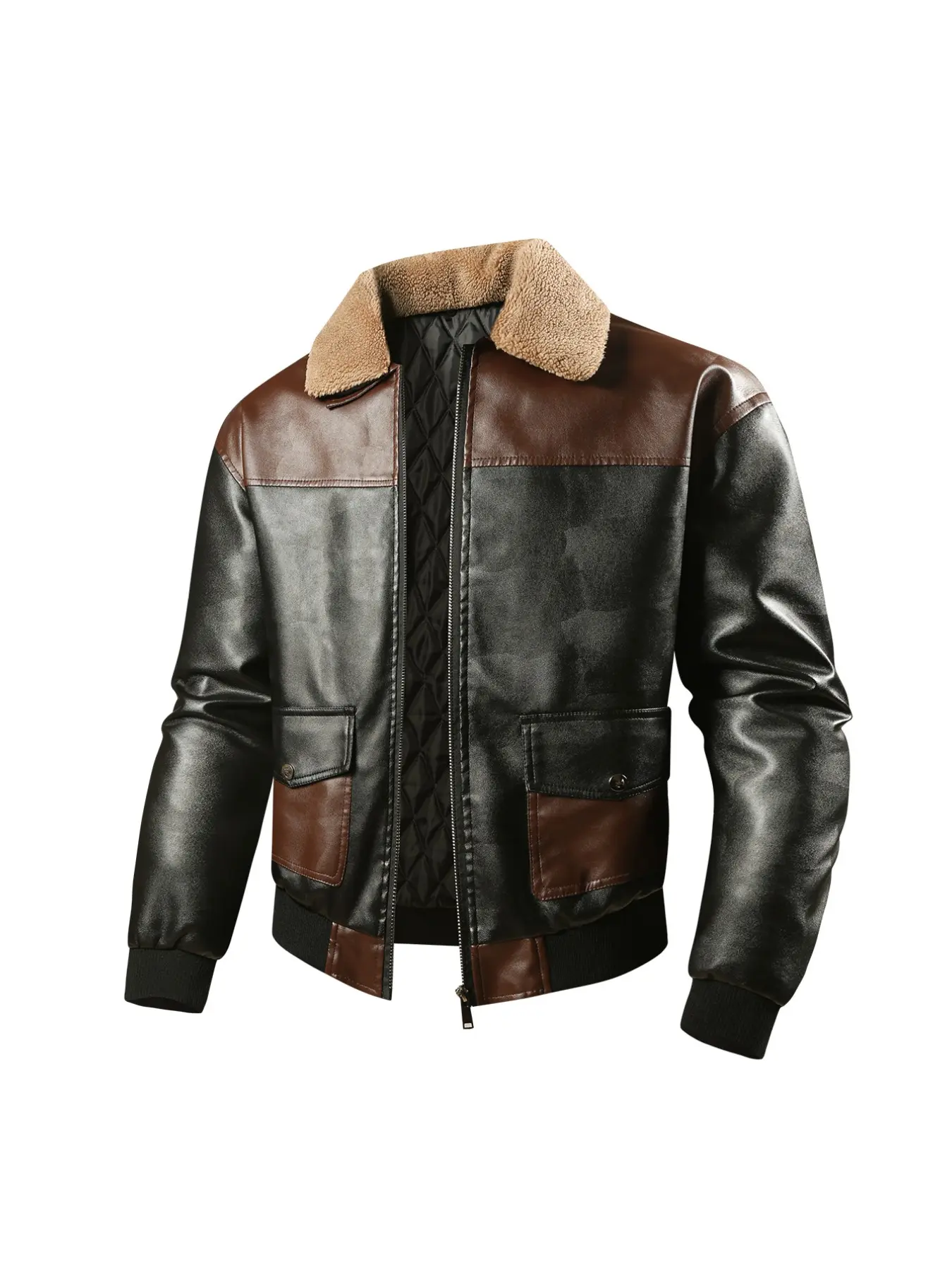 Men's Colorblock Faux Leather Pilot Jacket, Detachable Fur Collar, Zipper Vintage Slim Fit, Fall Winter Windproof Motorcycle Coat