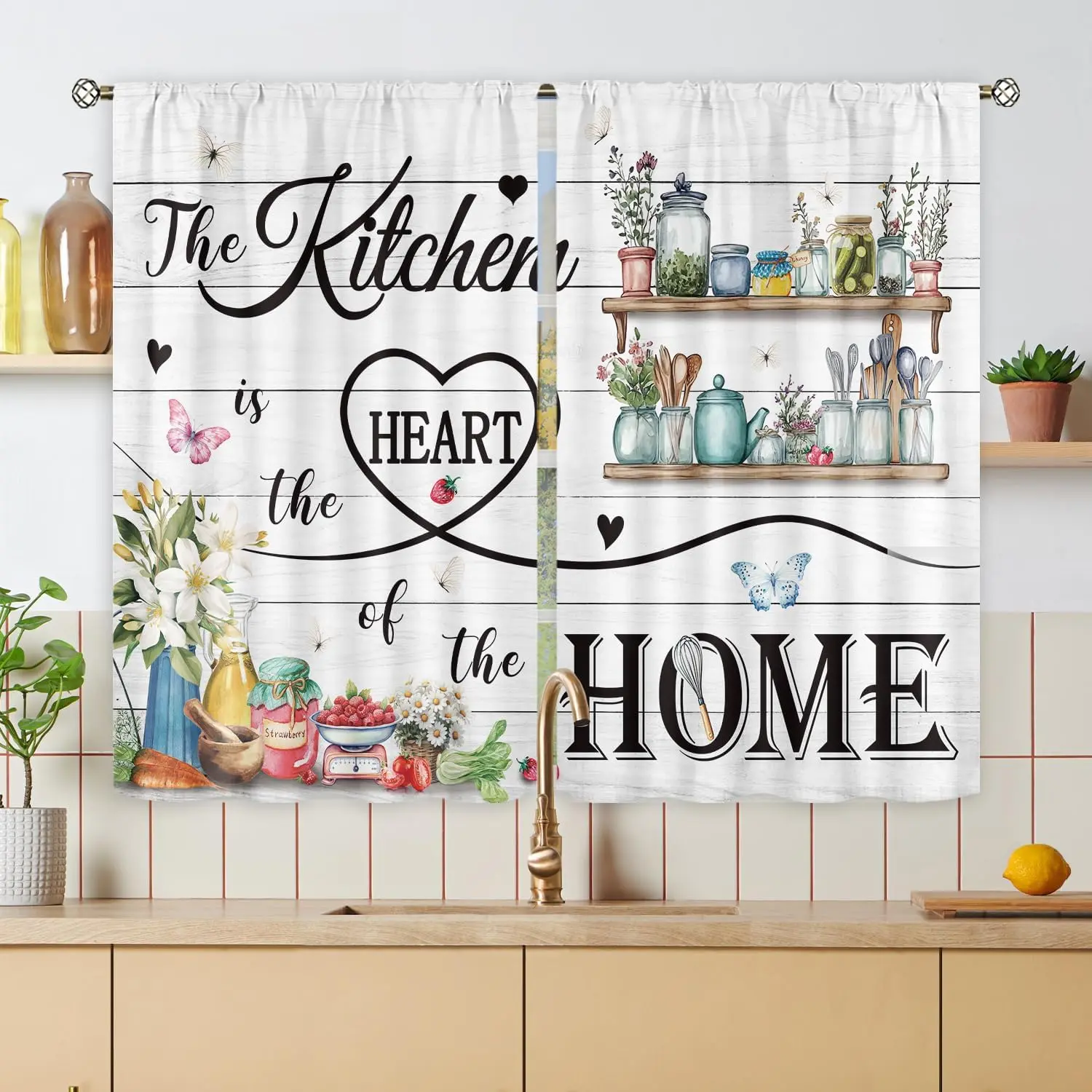 White Rustic Kitchen Curtains Short Small Wooden Butterfly Floral Leaves  Colorful Bottles Rod Pocket  Botanic Bedroom Living Room  Fabric 2 Panels 27.5Wx39H Inch