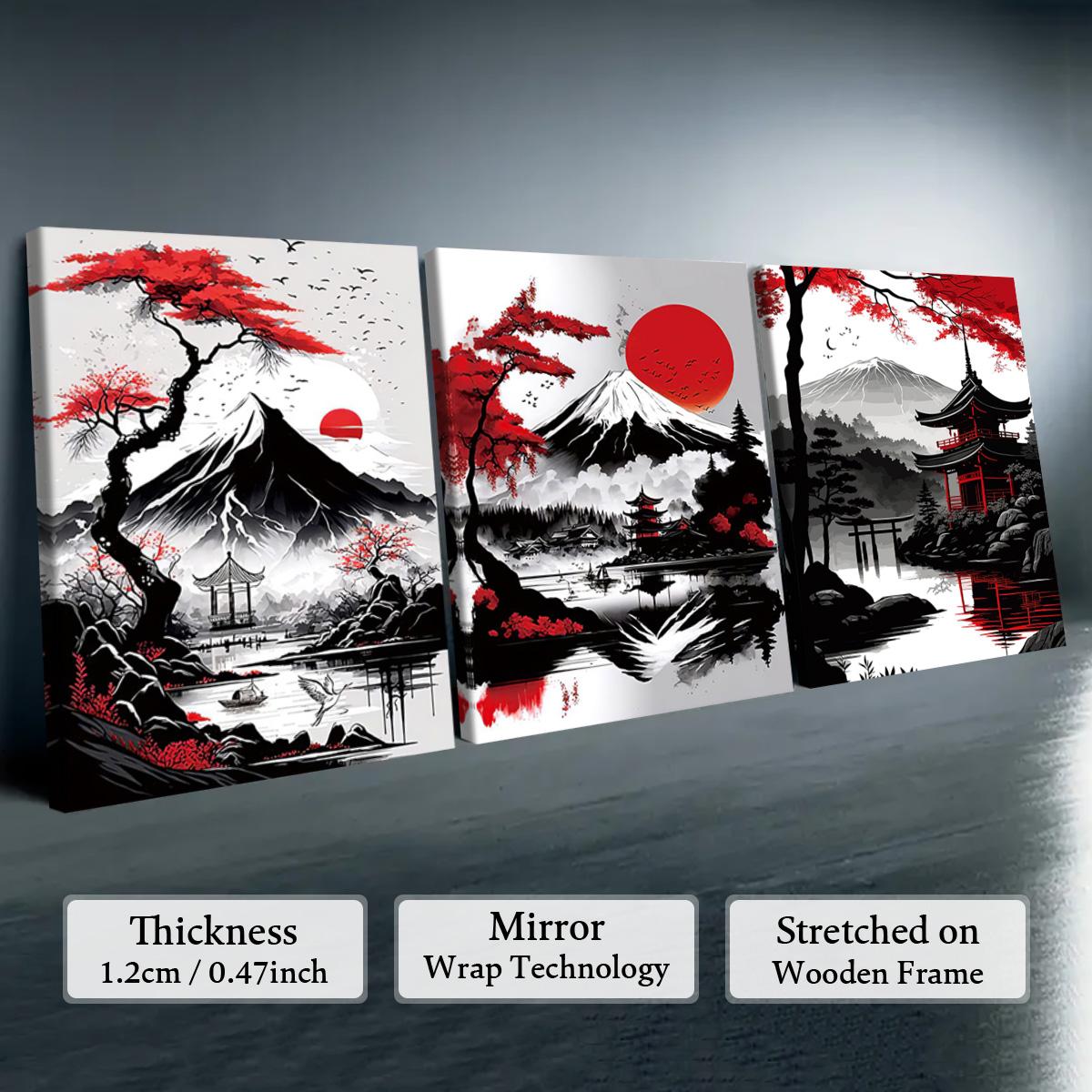 Wooden Framed Canvas Painting, 1-3 Counts/set Water Proof Japanese Style Scenery Canvas Poster, Modern Art Wall Decoration, Home Wall Decor