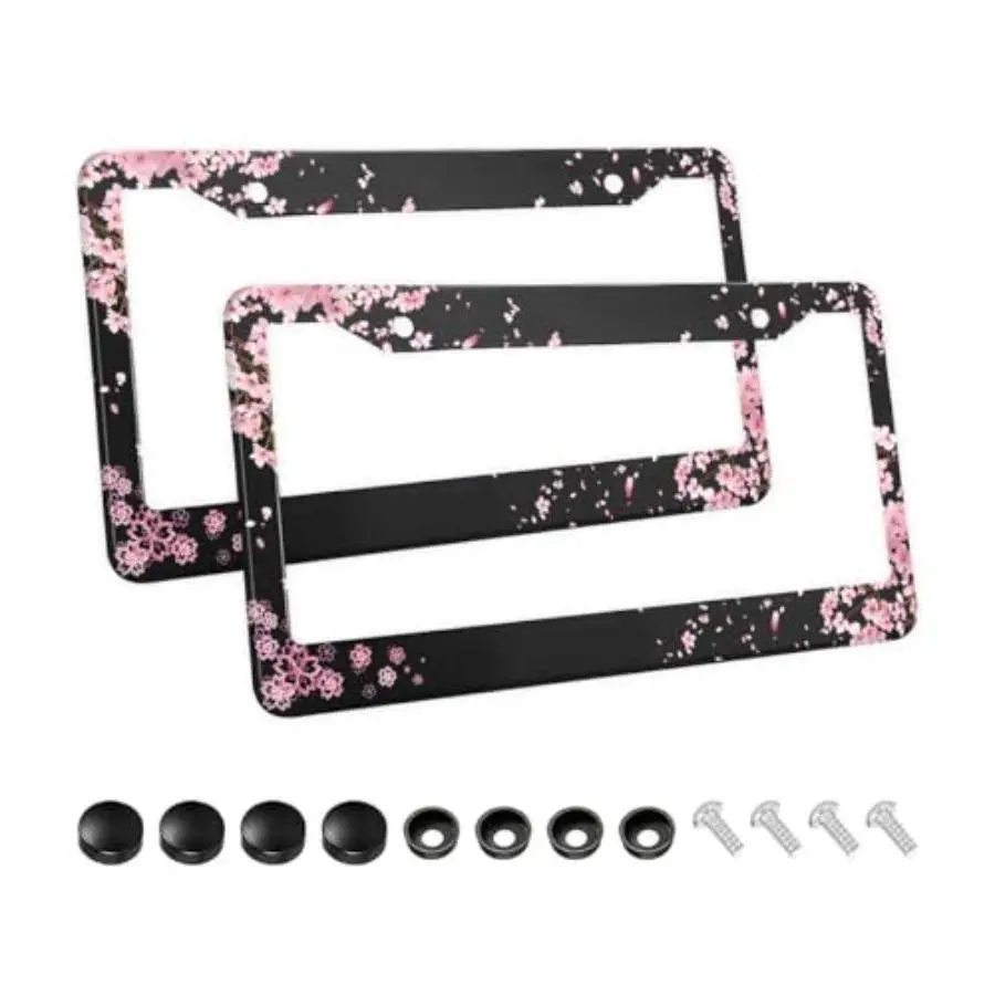 Women's Floral Pink Blossom 2-Packset Aluminum License Plate Frames - Rustproof, Waterproof Car Tag Brackets Included, Decorative Automotive Exterior Accessories for Cars