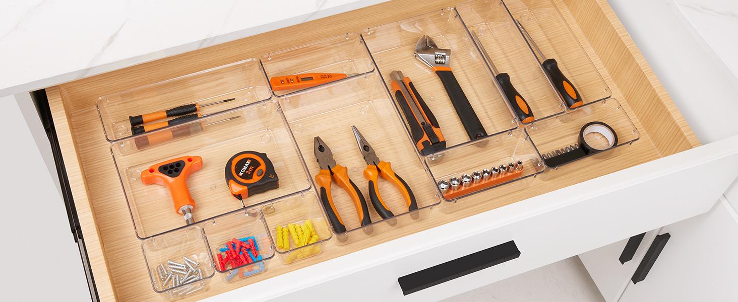 25 PCS Clear Plastic Drawer Organizers Set, 4-Size Versatile Bathroom and Vanity Drawer Organizer Trays, Storage Bins for Makeup, Bedroom, Kitchen Gadgets Utensils and Office