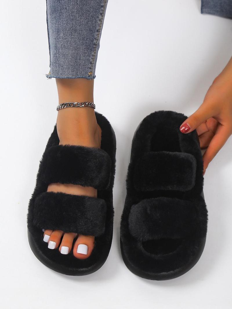 Women's Summer Comfort Solid Color Fluffy Slide Slippers, 2025 Summer Double Strap Bedroom Slippers, Girl Casual Soft Plush Home Slippers, Footwear & Walking Shoes, Flat Shoes Sandals