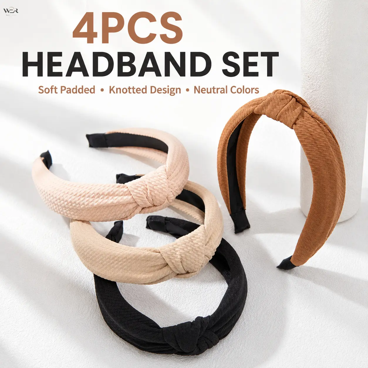 Women's 4-Pack Casual Neutral Tone Padded Knotted Wide Fabric Headbands - Flat Band, 1-Size, Tie-Band Variety Pack, Soft Textured Top Knot Turban, No-Slip Comfort Daily Hair Accessories, Flat Band Headbands
