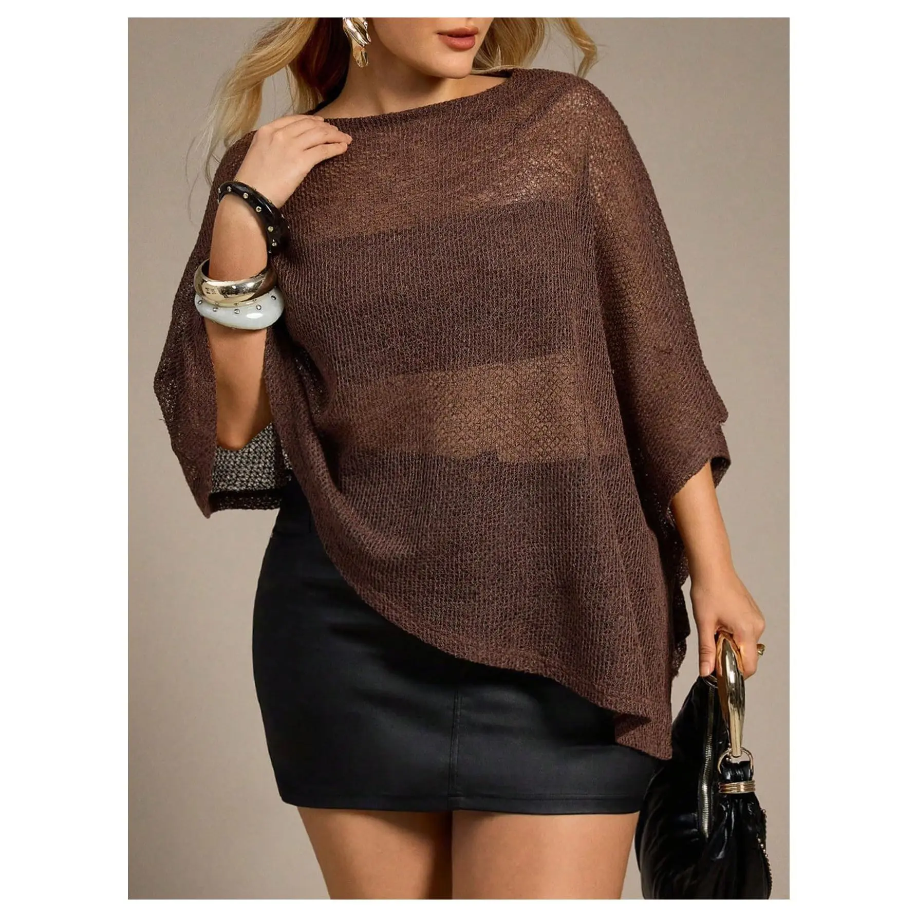 Plus Size Kint Crochet Shrug Sheer Poncho Shawl Top, Summer Clothes, Beach Cover Ups