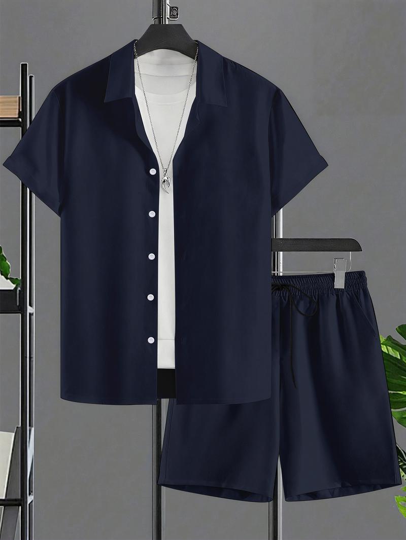 Plus Size Men's Short Sleeve Suit 2pcs Fashion Summer Sportswear Casual Suit with Solid Color Shorts for Comfortable Wear