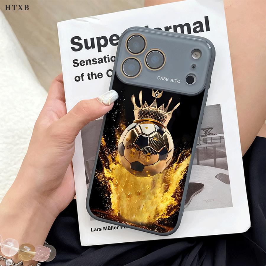 Golden Football Crown Phone Case for iPhone 17 Pro Max 17Air 17 16E 16 15 14 13 12, Ultra Skin-Friendly TPU, All-Inclusive Glass Lens Protection, Aesthetic Soccer Fans Gift, Trendy Dopamine Ins Style Cover, Shockproof Slim Case, Lens Window Design