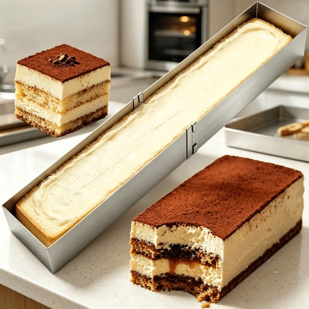 1 stainless steel mousse mold, an adjustable rectangular cake ring for baking tiramisu-style desserts, such as cookies, mousses, and cream-based desserts