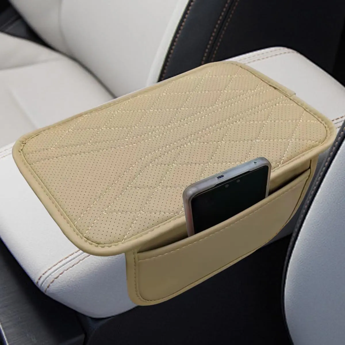 Leather-Like Contoured Center Console Cover with 2 Storage Pockets - 16.7x8.97" Armrest Cushion Pad, Seat Box Protector, Auto Interior Stowing Accessory for SUV, Sedan (Beige) - Support & Store Functionality