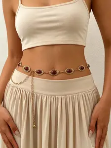1Set Vintage Boho Waist Chain with Gemstone Accents, Geometric Metal Trim Resin Body Chain, Versatile Fashion Accessory for All Seasons