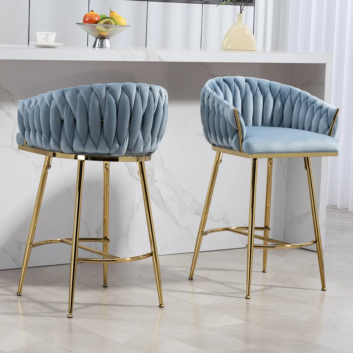 26'' Counter height bar stools Set of 2 kitchen island counter bar stool with hand- wave back,golden chromed base and footrest