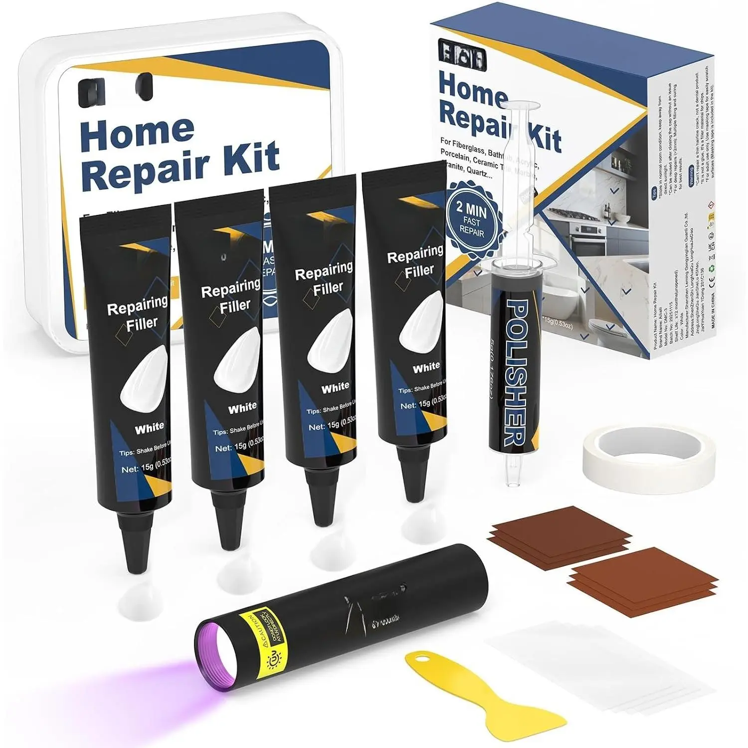 Quartz Countertop Repair Kit, Fiberglass Tub & Tile Repair Kit with 4x15g White Filler, 30s  Repair Chip, Hole, Scratch, Crack  Porcelain, Granite, Marble, Ceramic Tile, Bath Tub, Sink