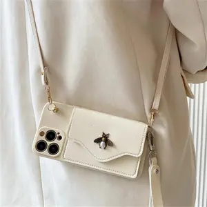 Luxury 3D Pearl Bee Leather Card Bag Crossbody Lanyard Soft Case For iPhone 16 15 14 Pro Max 13 12 11 XS X XR Plus MiNI SE Cover