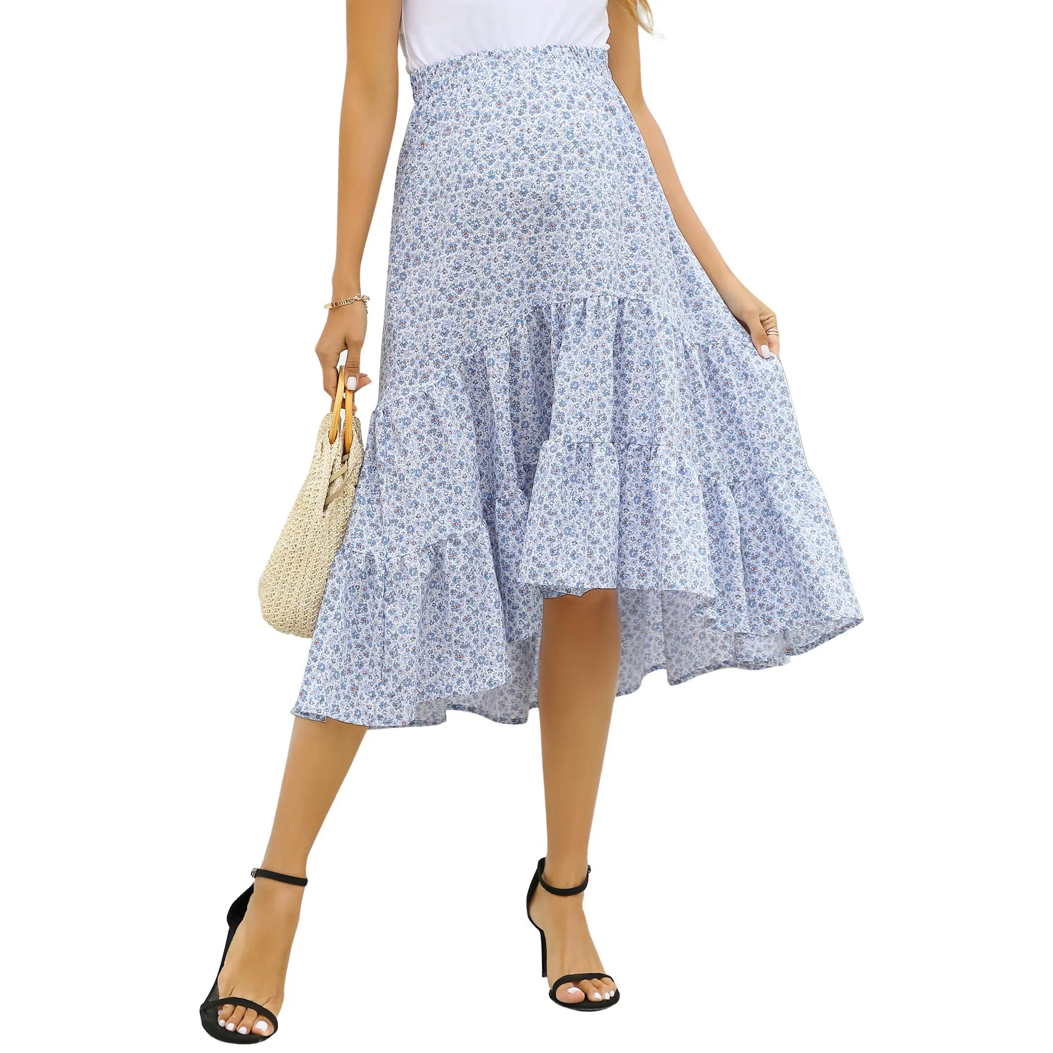 YF Women's Maternity Floral Midi Skirt High Waist Elastic Belly Band Tiered Ruffle Irregular Hem A Line Long Skirt Casual Spring Summer Fall Pregnancy Skirt for Baby Shower Daily Wear