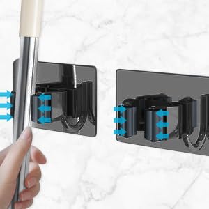Mop Broom Holder No Drill, Mop Broom Organizer Wall Mounted Heavy Duty with Hooks Hanger, Self Adhesive Stainless Steel 4Pcs for Bathroom, Kitchen, Office (Black) Mop Broom Holder No Drill, Mop Broom Organizer Wall Mounted Heavy Duty with Hooks Hanger, Self Adhesive Stainless Steel 4Pcs for Bathroom, Kitchen, Office (Black)