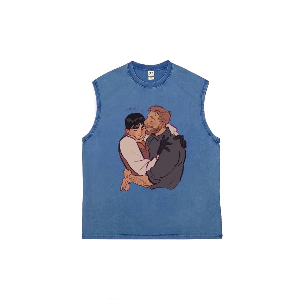 Men Vintage Acid Wash Blue Cut Off Muscle Tank Top, Sweet Hugging Male Couple Cartoon Character Graphic Print Sleeveless Vest, Oversized Distressed Cotton Loose Fit Streetwear Workout Tank Tee, LGBTQ Love Pride Casual Sleeveless T-Shirt for Men Teen Boys