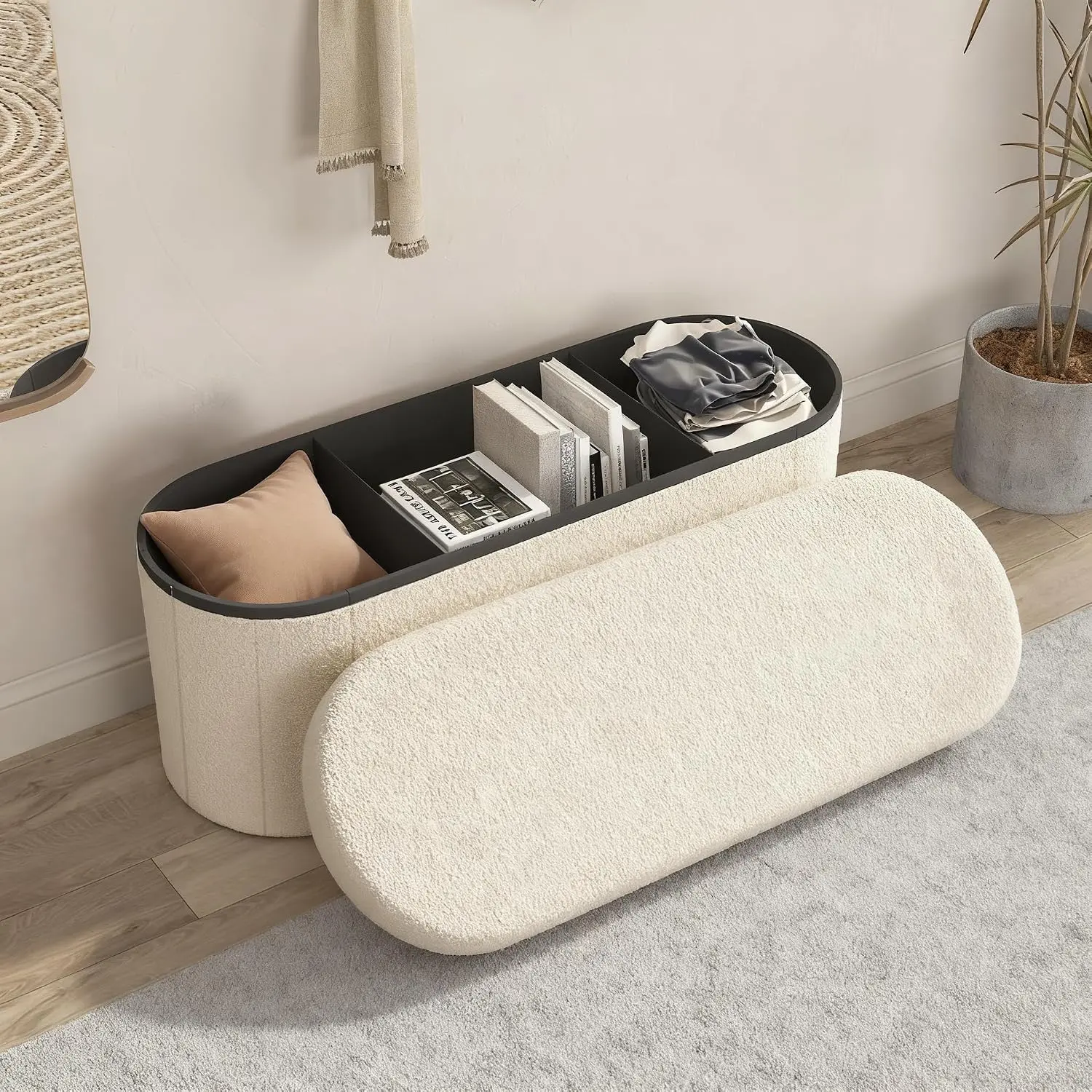 Oval Ottoman with Storage for Living Room, Sherpa Bench, Beige | 43.3 Inches Folding Chest, Foot Rest, End of Bed Bench for Bedroom, Hallway