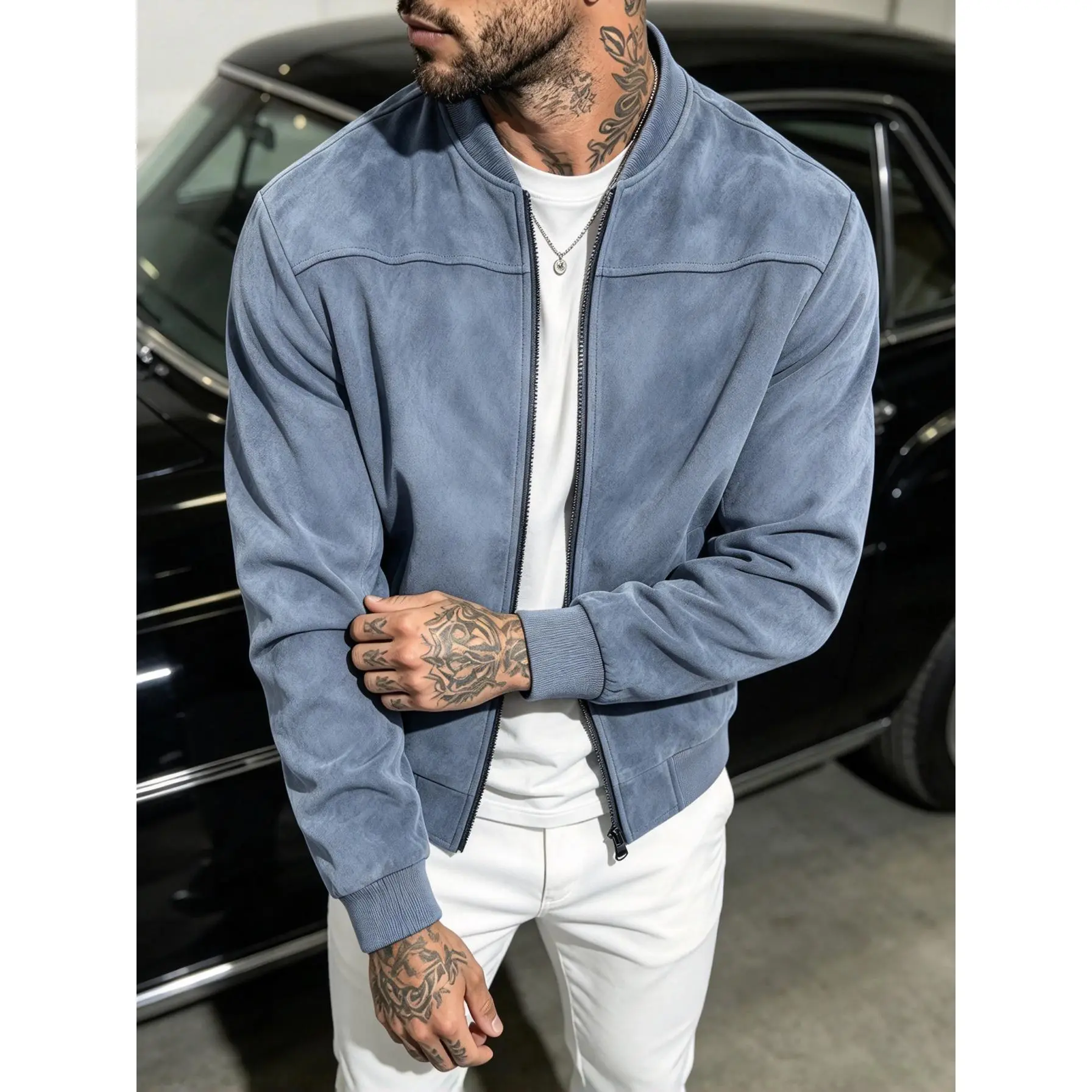 Men’s suede bomber jacket with ribbed collar and cuffs, full zipper closure, tailored casual silhouette, premium soft texture, versatile outerwear for smart daily and semi-formal styling.