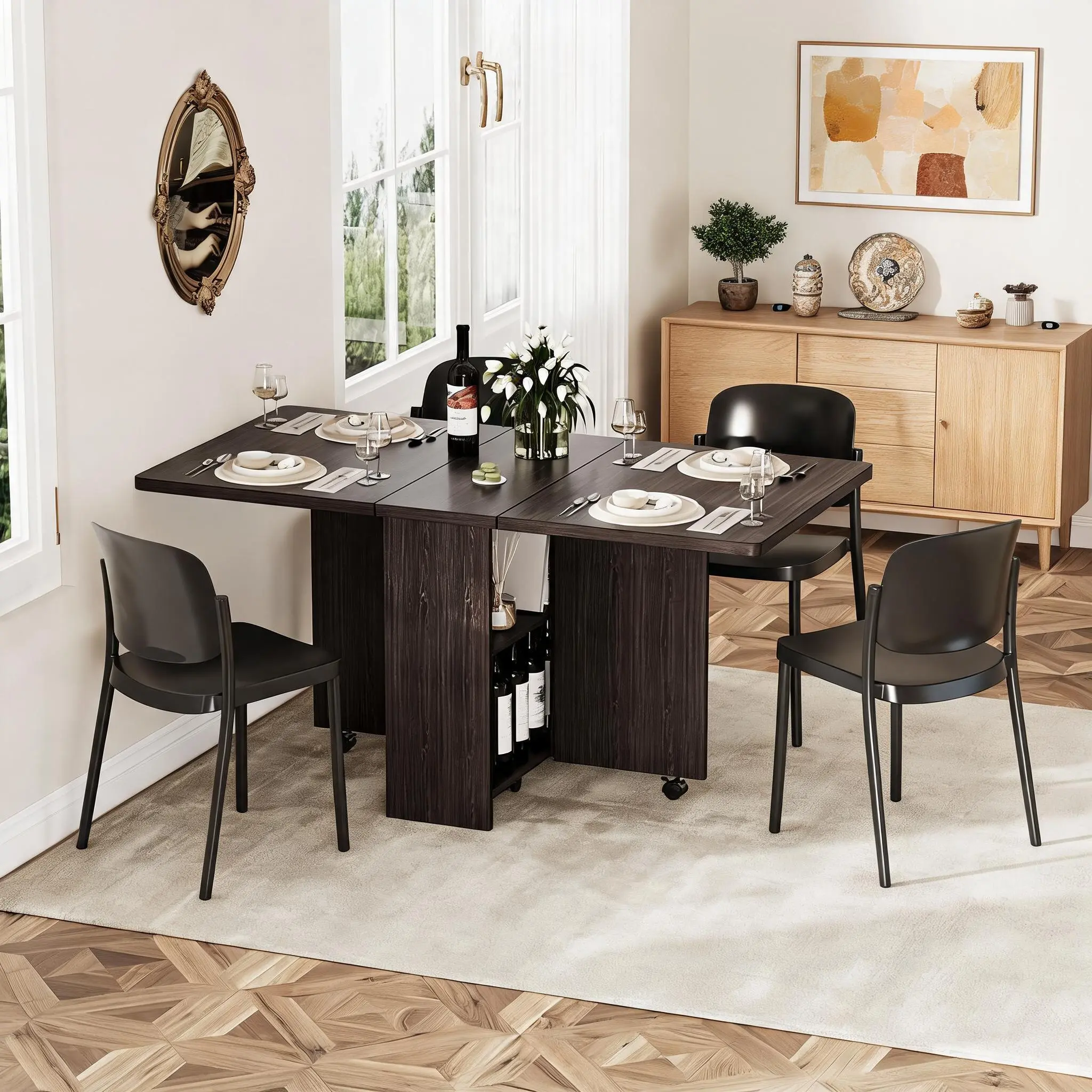 Folding Dining Table, Farmhouse Dining Table for 4 Storage Shelf, 6 Wheels Multipose Expandable Kitchen Drop Leaf Table