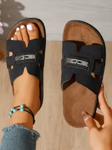 Women Vintage Suede Cork Slide Slippers, Taupe Dual Cutout Straps, Adjustable Silver Color Buckle, Cushioned Insole, All Seasons