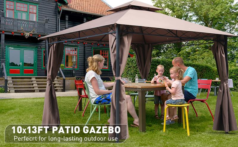 FDW 10'x13' Outdoor Patio Gazebo Heavy Duty Steel Frame Canopy with Double Roof, Privacy Curtains, for Garden, Backyard, and Lawn (Brown)