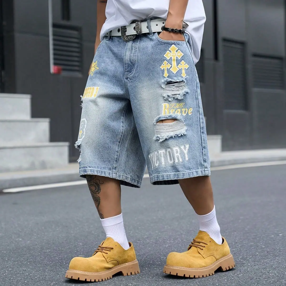 Men's Baggy Graphic Denim Shorts,Light Blue Ripped Distressed Jorts,Y2K Streetwear Letter Print Jean Shorts,Summer Casual Loose Fit Wide Leg Skater Bottoms,Y2K Skater Aesthetic Distressed Cross Print Jean Shorts