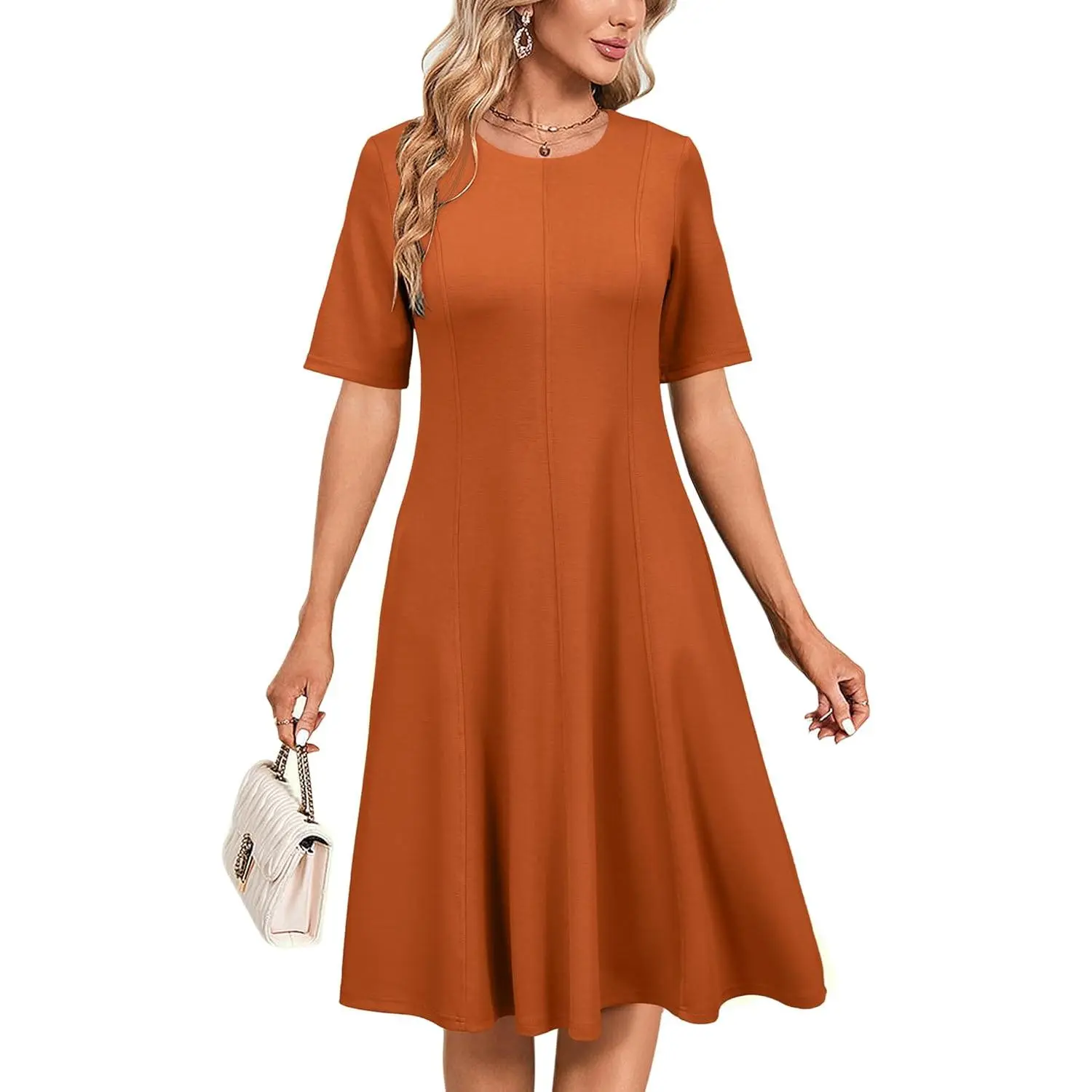 Women's 2025 Summer Short-Sleeve Midi Dress - Ultra Soft, Modest Old Money Style for Teacher Business Casual Workwear, Shortsleeve, Clothes, Teacher Clothes, Mid-Length, Lady, Basic, Round Neck, Trendy Teacher Clothing