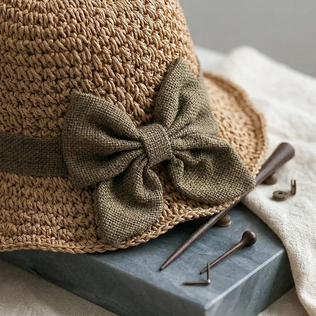 Women Retro Straw Beach  – Foldable Wide Brim Sun  with Bow, Breathable Woven Summer  for Travel, Vacation and Outdoor hat