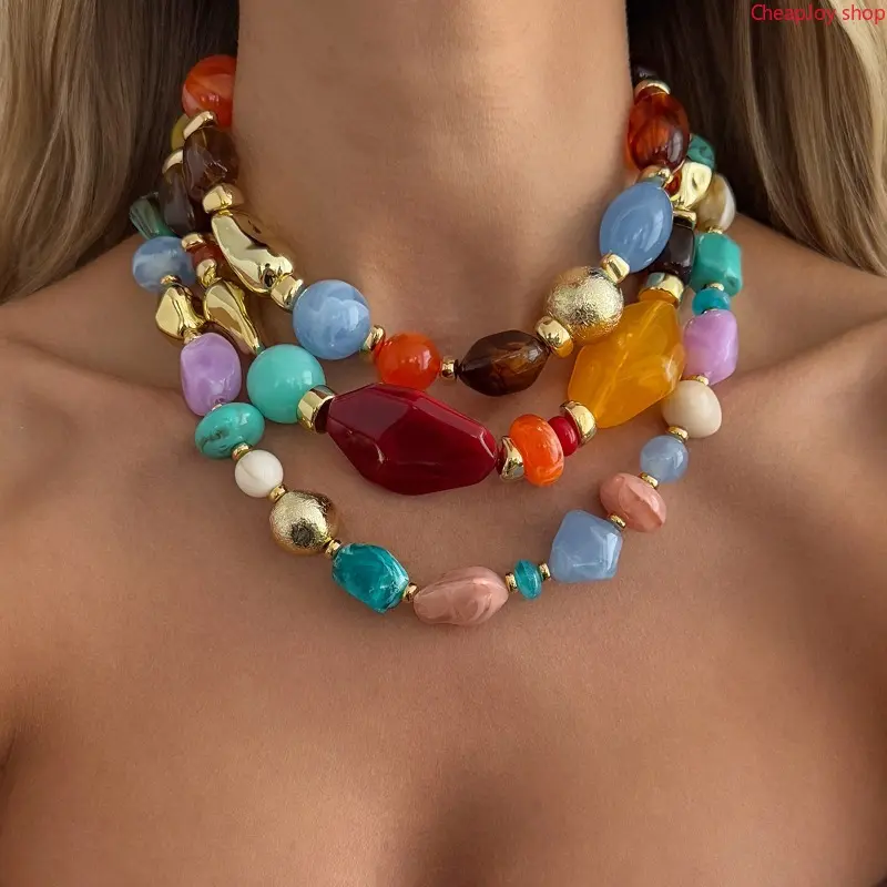 Maillard Tone Colorful Resin Beaded Clavicle Necklace, retro irregular bead crafted vintage neck jewelry, warm fall toned accessory for autumn daily styling, casual coffee dates and seasonal party outfit matching