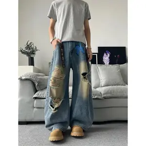 Retro American Streetwear Faded Knife  Jeans Men's Loose Wide Leg Long Trousers Trendy Hole Punching Print Casual Jeans