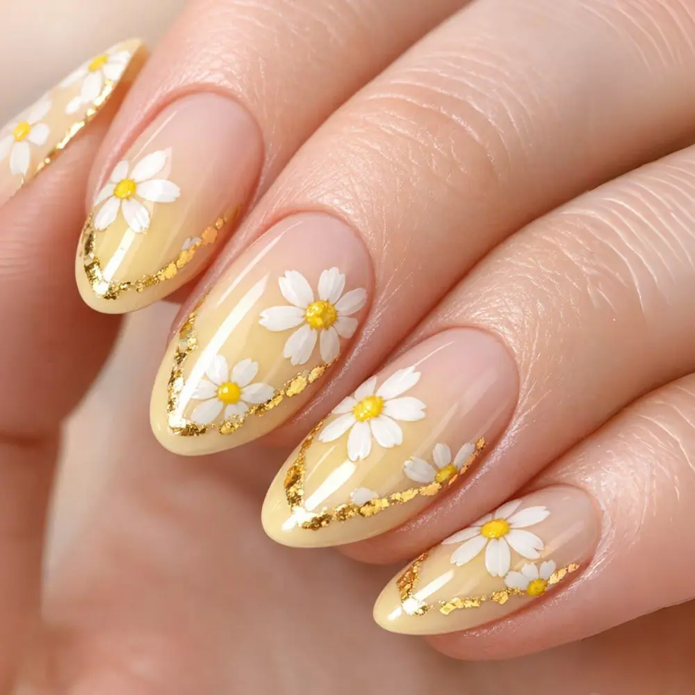 30 Pcs Press On Fake Nails, Summer Daisy Gold-Trim French Almond Decor, Skin-Flattering Yellow for Beauty & Nail Care