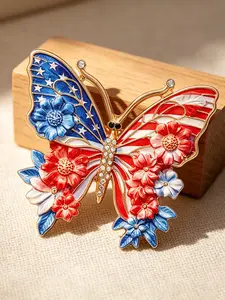 LYRA PIN American Flag Butterfly Brooch, Luxe Enamel Floral Full Rhinestone Pin, Independence Day Patriotic Festival Accessory, Cute Style