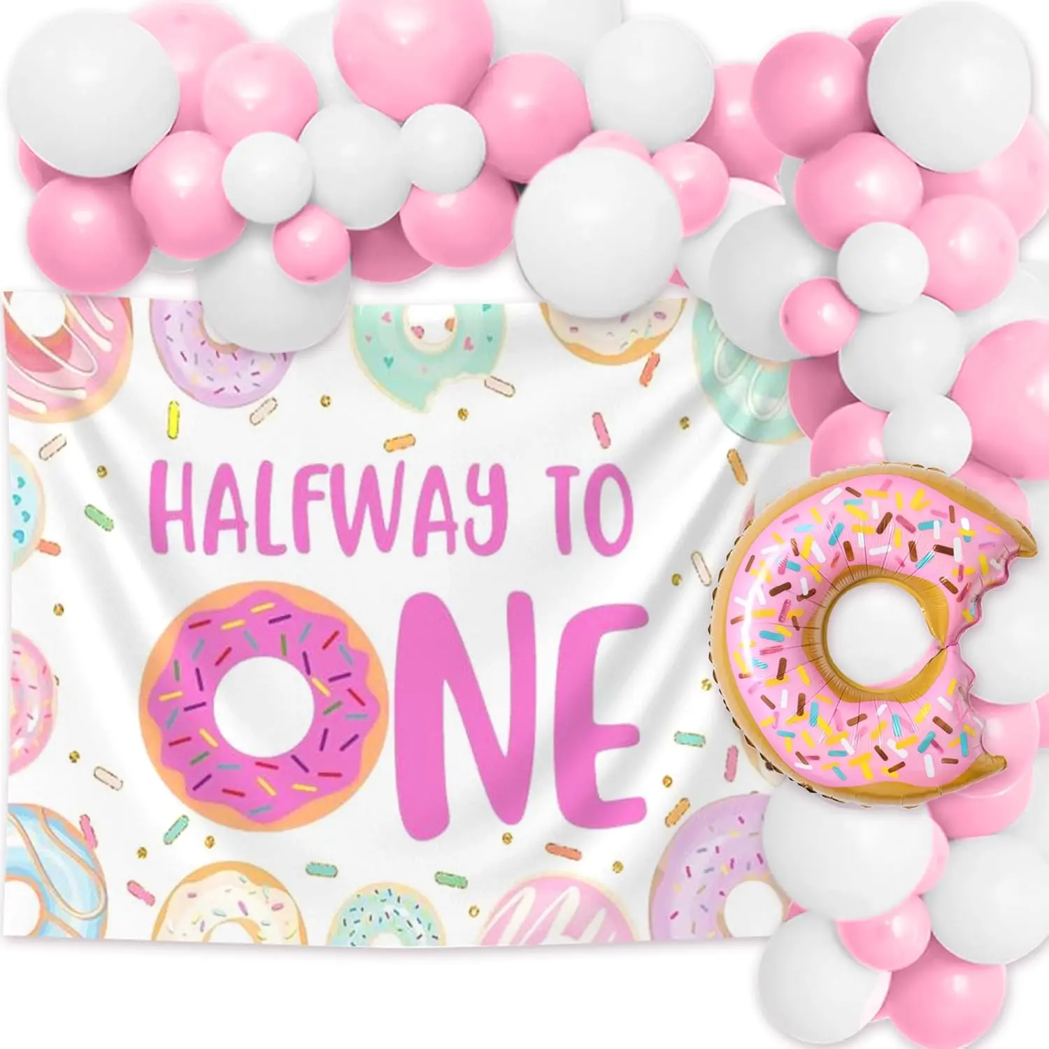 Pink Donut 6-Month Halfway to 1 Party Decorations Kit - No Solid Backdrops, Banners, Balloons for Baby Shower (Boys & Girls)